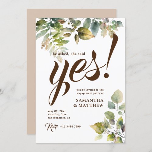 Rustic Greenery She Said Yes Engagement Party  Invitation