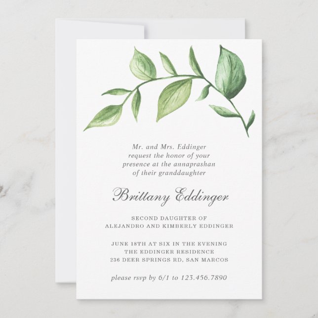 Rustic Greenery Sprig Gender Neutral Annaprashan Invitation (Front)