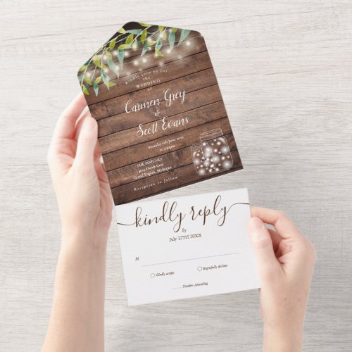 Rustic Greenery String Lights Mason Jars Wedding All In One Invitation