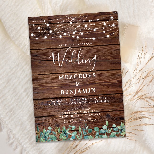Rustic Greenery String Lights Wood QR Code Wedding Invitation (Creator Uploaded)