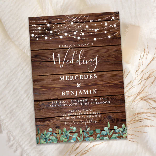 Rustic Greenery String Lights Wood QR Code Wedding Invitation | Zazzle