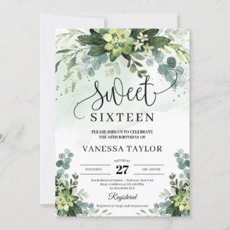 Rustic greenery succulent flowers sweet sixteen invitation