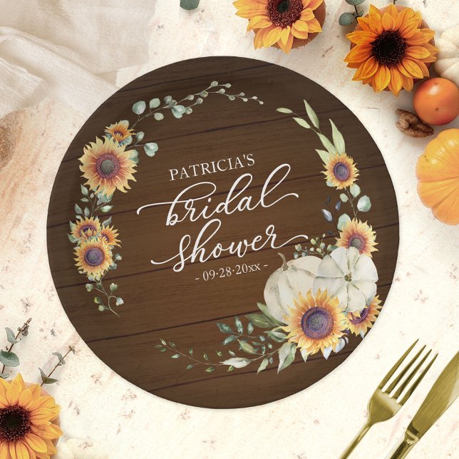Rustic Greenery Sunflowers Pumpkin Fall Bridal Paper Plates (Creator Uploaded)