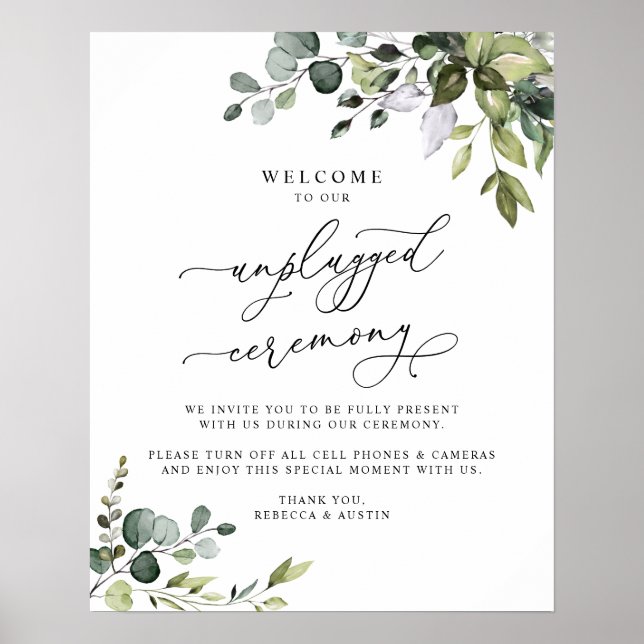 Rustic Greenery Unplugged Wedding Ceremony Sign (Front)