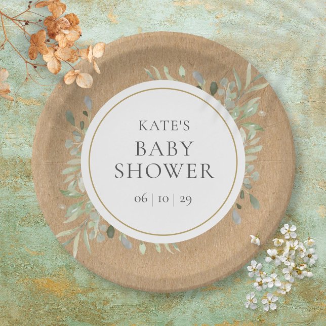Rustic Greenery Watercolour Neutral Baby Shower Paper Plates (Creator Uploaded)
