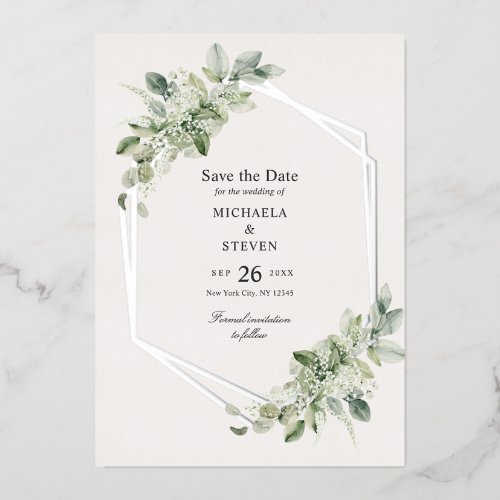 Rustic Greenery Wedding Save The Date Real Silver Foil Invitation