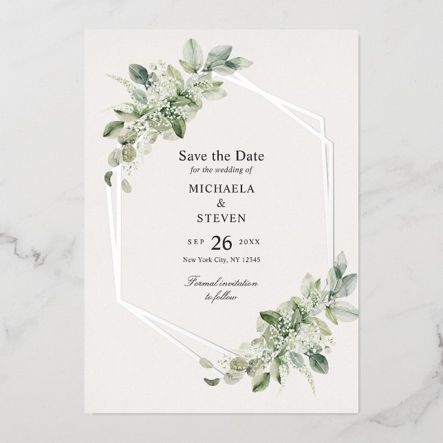 Rustic Greenery Wedding Save The Date Real Silver Foil Invitation (Front)
