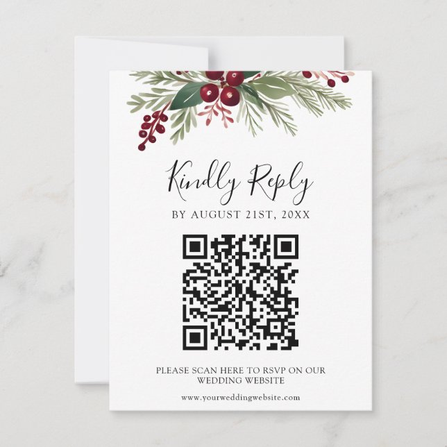 Rustic Greenery Wedding Website QR Code RSVP Card (Front)