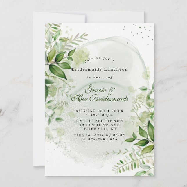 Rustic Greenery White Bridesmaids Luncheon Invites (Front)