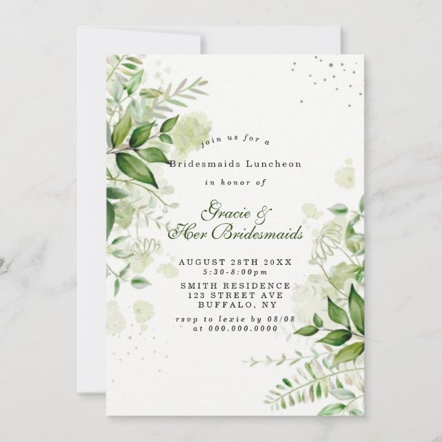 Rustic Greenery White Bridesmaids Luncheon Invites (Front)