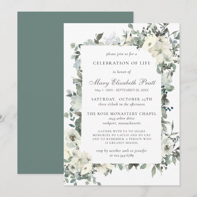 Rustic Greenery White Floral Celebration of Life Invitation (Front/Back)