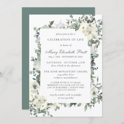 Rustic Greenery White Floral Celebration of Life Invitation