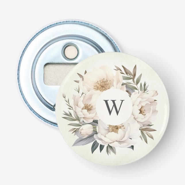 Rustic Greenery White Floral Monogram Wedding Bottle Opener (Front)