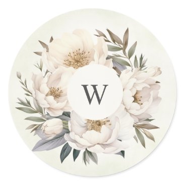 Rustic Greenery White Floral Monogram Wedding Classic Round Sticker