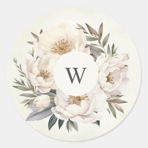 Rustic Greenery White Floral Monogram Wedding Classic Round Sticker