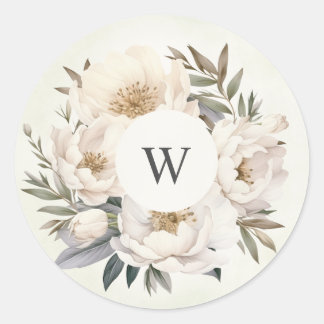 Rustic Greenery White Floral Monogram Wedding Classic Round Sticker