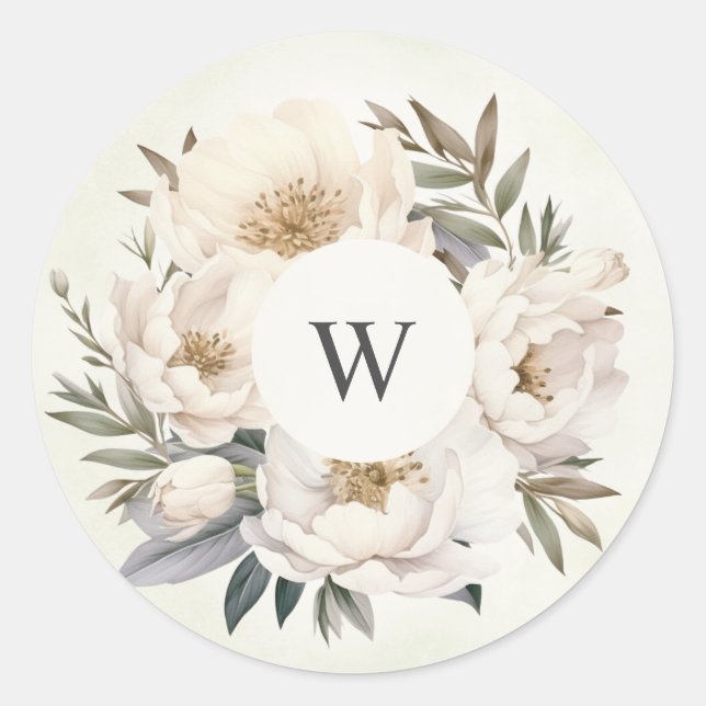 Rustic Greenery White Floral Monogram Wedding Classic Round Sticker (Front)