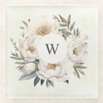 Rustic Greenery White Floral Monogram Wedding Glass Coaster