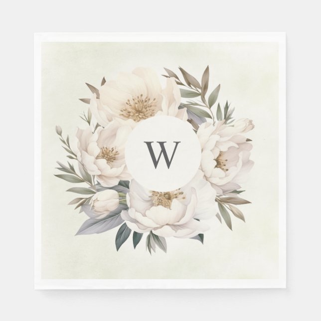 Rustic Greenery White Floral Monogram Wedding Napkins (Front)