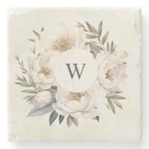 Rustic Greenery White Floral Monogram Wedding Stone Coaster