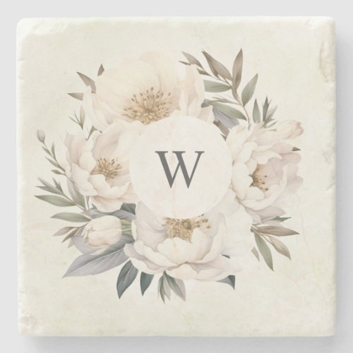 Rustic Greenery White Floral Monogram Wedding Stone Coaster