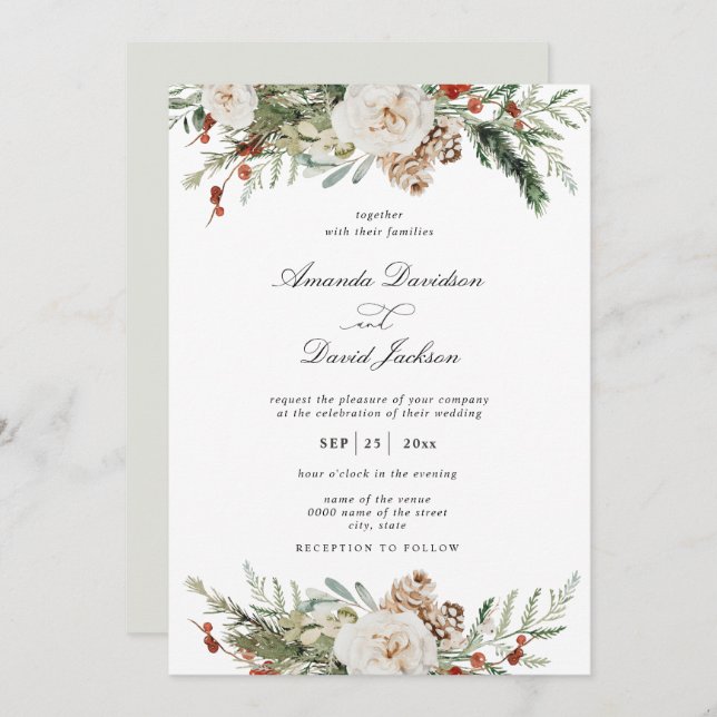 Rustic Greenery White Floral Red Berries Wedding Invitation (Front/Back)