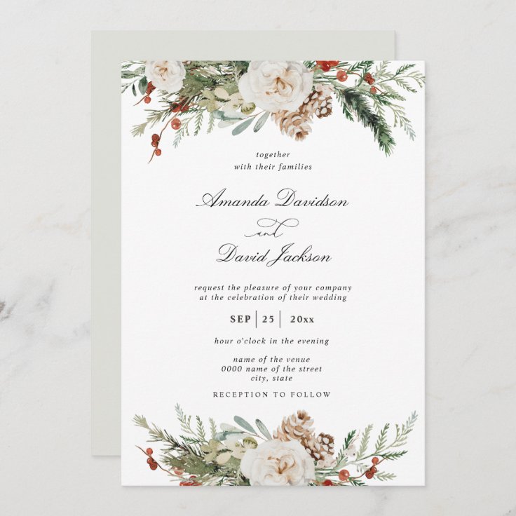 Rustic Greenery White Floral Red Berries Wedding Invitation | Zazzle