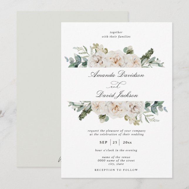 Rustic Greenery White Floral Sage Green Wedding Invitation (Front/Back)