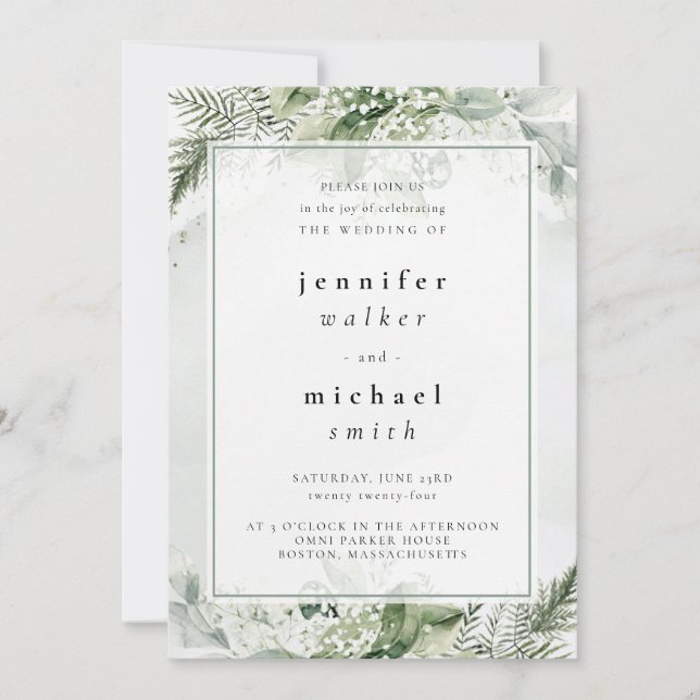 Rustic Greenery,  White & Green Foliage Wedding Invitation (Front)