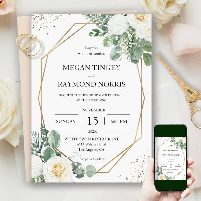 Rustic Greenery & White Roses Geometric Gold Invit Invitation (Creator Uploaded)