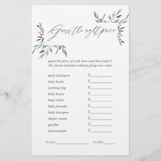 Rustic Greenery Winter Baby Shower Guess the Price (Front)