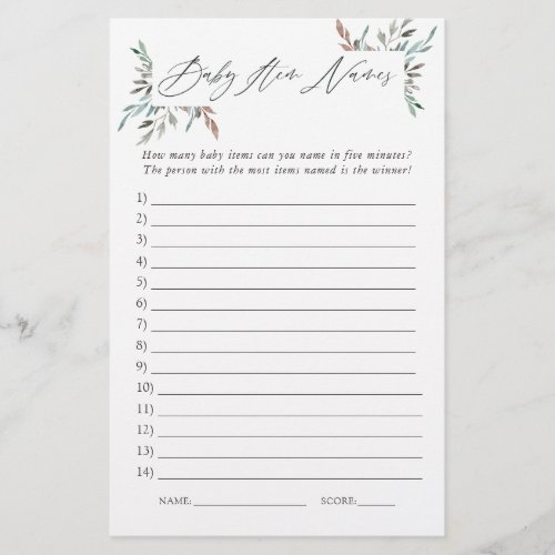 Rustic Greenery Winter Baby Shower Item Names Game