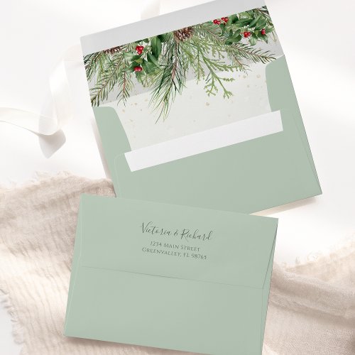 Rustic Greenery Winter Berries Pine Cone Envelope