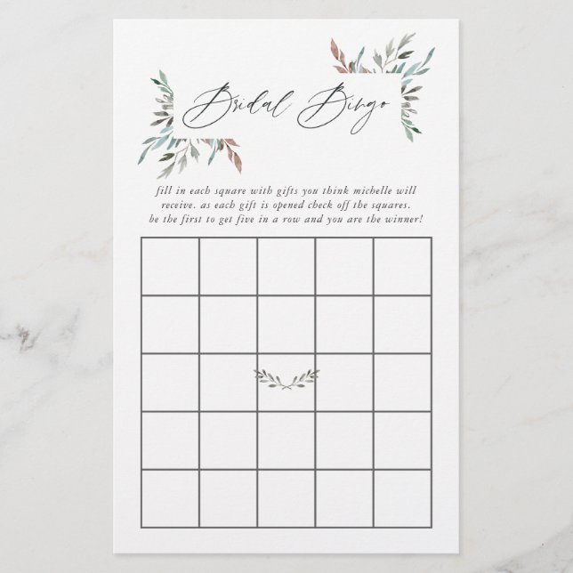 Rustic Greenery Winter Bridal Shower Bingo (Front)