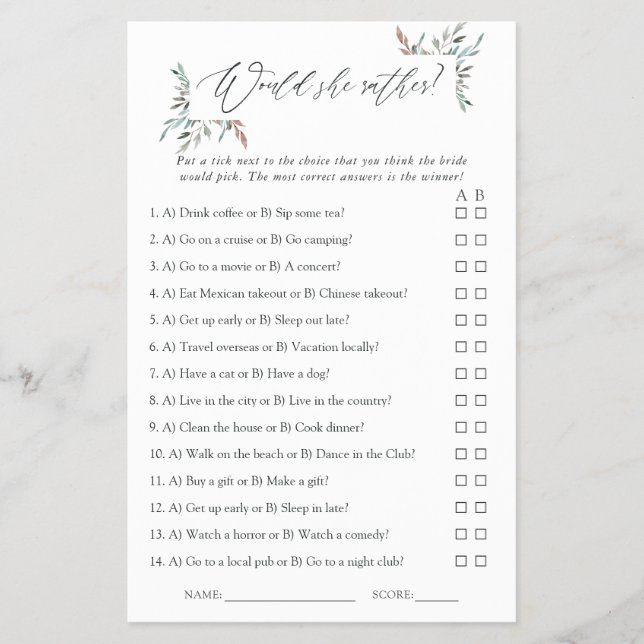 Rustic Greenery Winter Bridal Shower Game (Front)