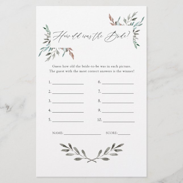 Rustic Greenery Winter Bridal Shower Game (Front)