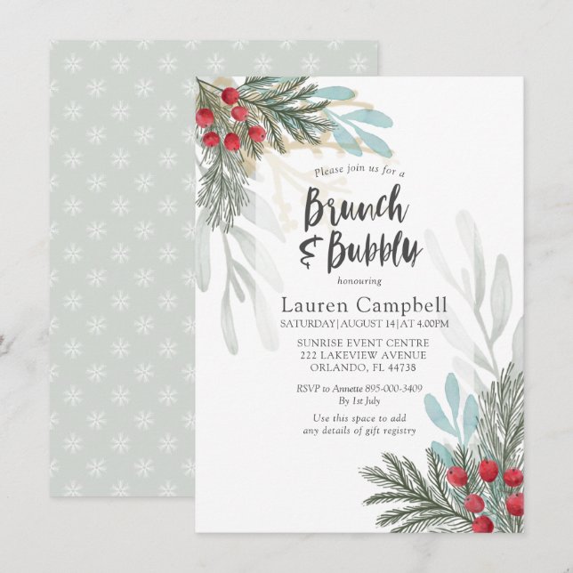 Rustic Greenery Winter Watercolor Bridal Shower  Invitation (Front/Back)