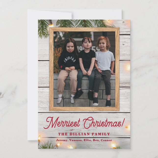 Rustic Greenery Wood and Lights Christmas Photo Holiday Card (Front)