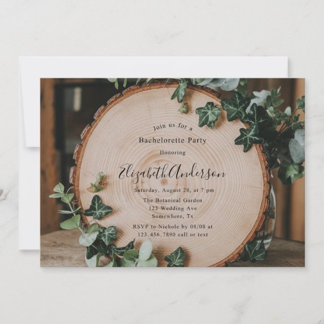 Rustic Greenery & Wood Slice Bachelorette Party Invitation (Front)