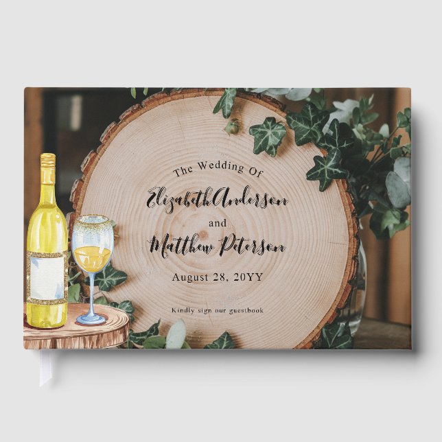 Rustic Greenery & Wood Slice  Foil Guest Book (Front)