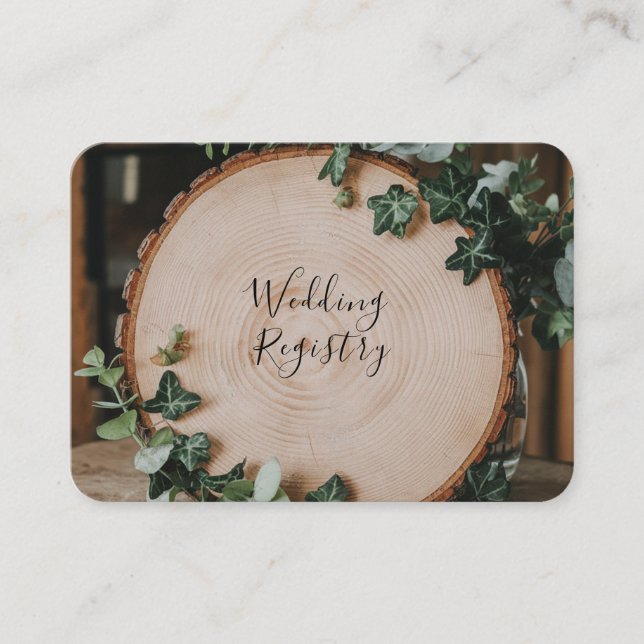 Rustic Greenery & Wood Slice Wedding Registry Enclosure Card (Front)
