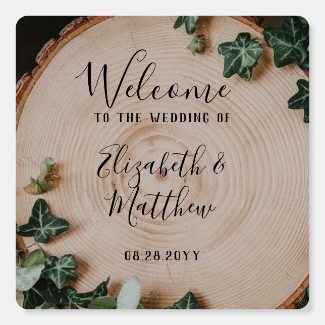 Rustic Greenery & Wood Slice Wedding Welcome Sign (Front)