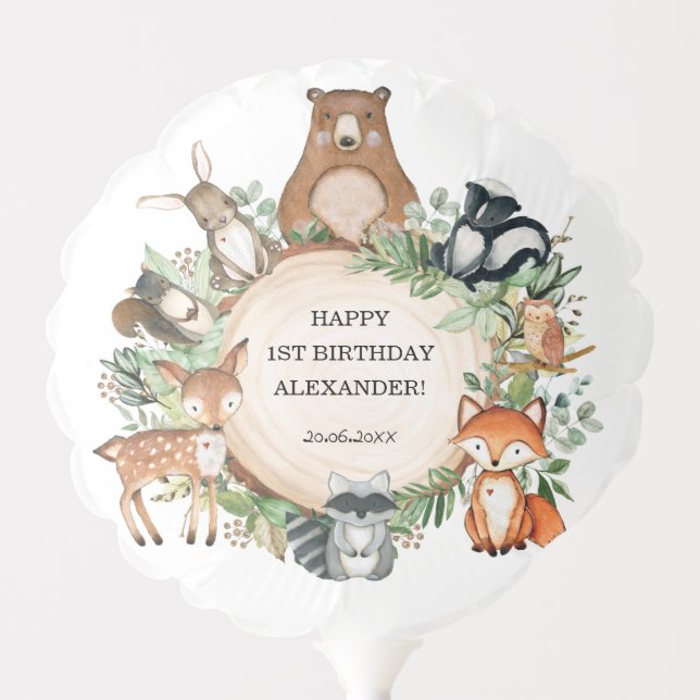 Rustic Greenery Woodland Animals Baby Birthday Balloon (Front)
