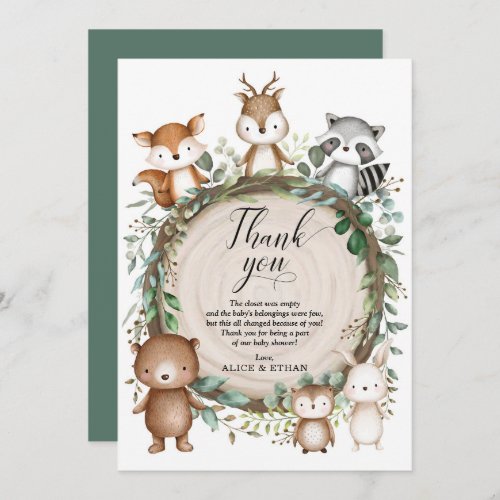 Rustic Greenery Woodland Animals Baby Shower Favor Thank You Card