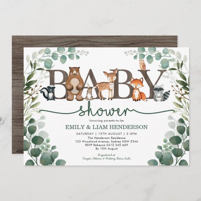 Rustic Greenery Woodland Animals Baby Shower Invitation (Front/Back)