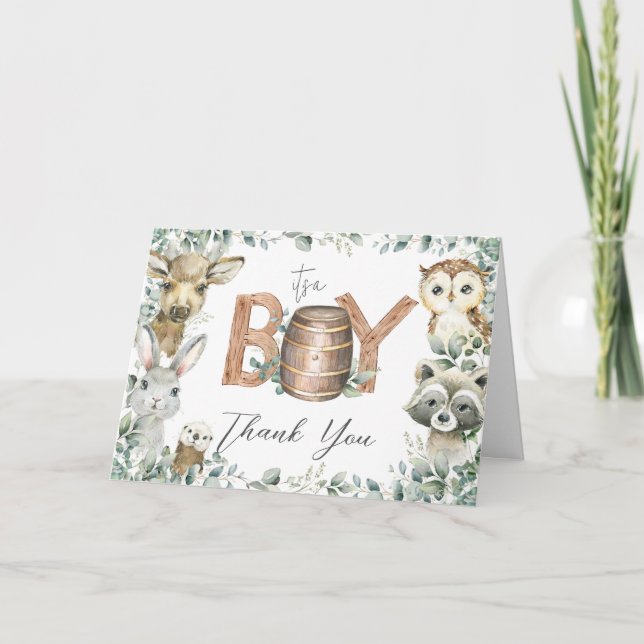 Rustic Greenery Woodland Animals Baby Shower Tent Thank You Card (Front)