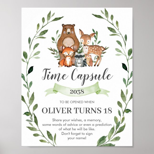 Rustic Greenery Woodland Animals Time Capsule Sign (Front)