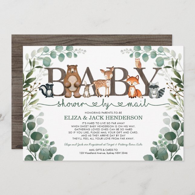Rustic Greenery Woodland Baby Shower By Mail Invitation (Front/Back)