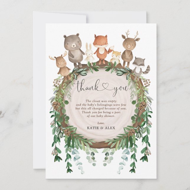 Rustic Greenery Woodland Baby Wild Animals Shower Thank You Card (Front)