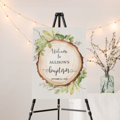Rustic greenery woodland baptism welcome sign